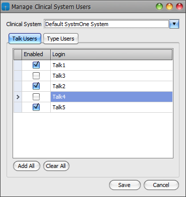 Manage Clinical System Users window